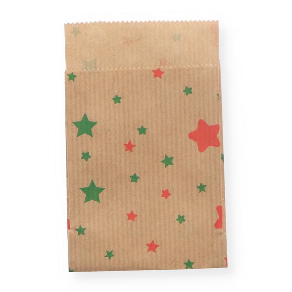 Geschenkflachbeutel Sterne gr&uuml;n-rot 7x9+2cm Klappe 