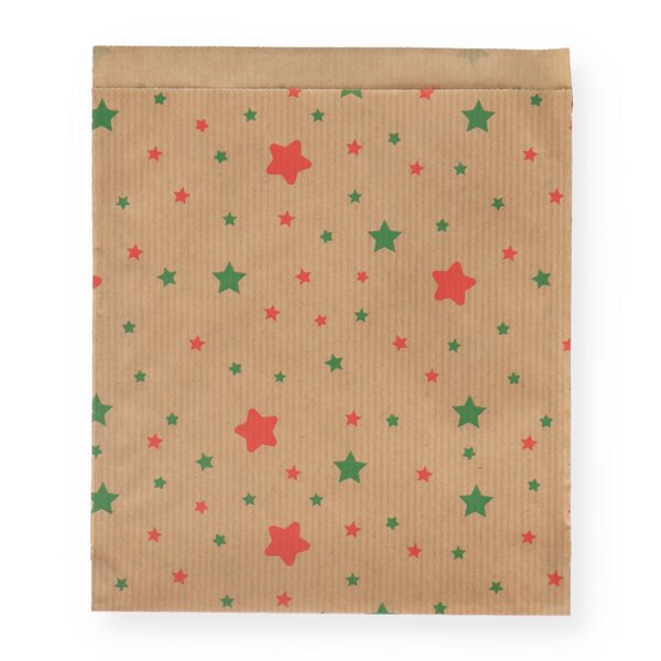 Geschenkflachbeutel Sterne gr&uuml;n-rot 16x18,5+2cm Klappe 