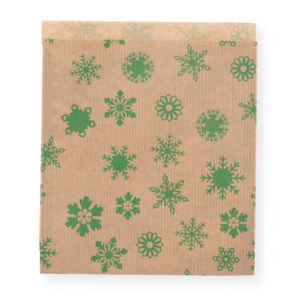 Geschenkflachbeutel Flocken gr&uuml;n 16x18,5+2cm Klappe 