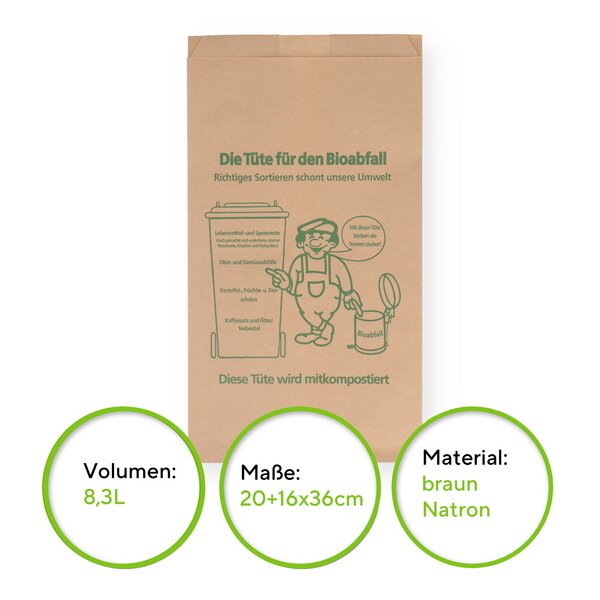 Organic waste bag paper brown for 9.5l 20+16x36cm 