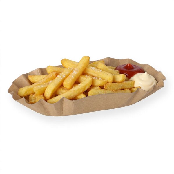 Bio Pommesschalen 1/4kg 8x16x2,5cm braun unbeschichtet, fettdicht 