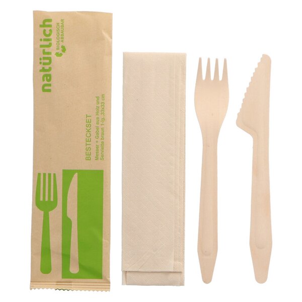 Wooden cutlery set premium knife/fork/napkin | 500 pieces 