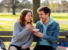 Junges Paar ist ein Dessert auf einer Parkbank