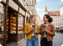 zwei Frauen mit Mehrwegbechern vor einer B&auml;ckerei