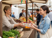 Eine Frau kauft eine Schale voll Beeren