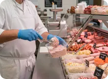Metzger bef&uuml;llt Feinkostbecher