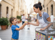 Frau mit Kind essen Eis auf einem Spielplatz