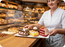 Verk&auml;uferin mit Pappteller und Torte