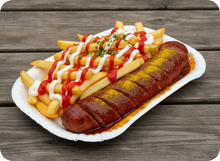Pappteller mit Currywurst und Pommes