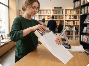 Frau bef&uuml;llt Flachbeutel aus Papier mit einem Buch