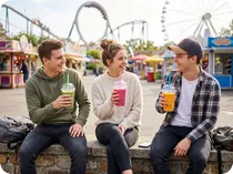 Junge Leute trinken Smoothies aus Kunststoff Bechern