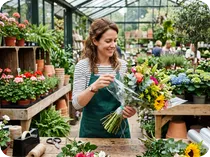 G&auml;rtnerin verpackt Blumenstrau&szlig; in Blumenfolie