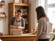 Verk&auml;uferin verpackt ein Geschenk im Spielzeugladen